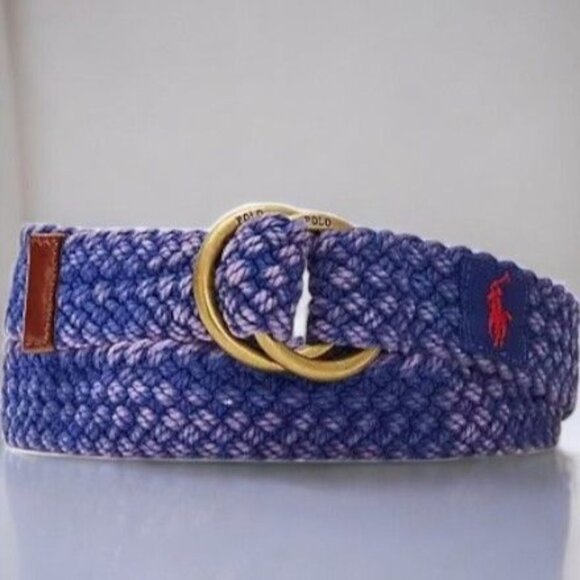 Polo Ralph Lauren Blue Webbed Cotton ORing Belt Leather Trim Braided New Medium - Picture 8 of 8